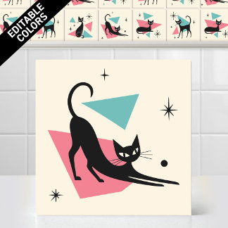 1950s Atomic Retro Stretching Cat Editable Colours Tile