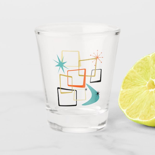 1950s Atomic Squares Stars Boomerang Mid Century Shot Glass (Front)