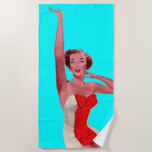 1950s bathing beauty waving to you beach towel