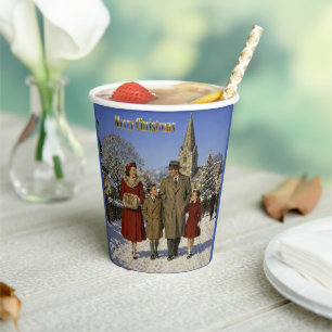 1950s British Family Christmas Church Stroll Paper Cups
