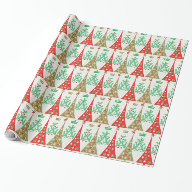 1950s Cartoon Christmas Tree Wrapping Paper (Unrolled)