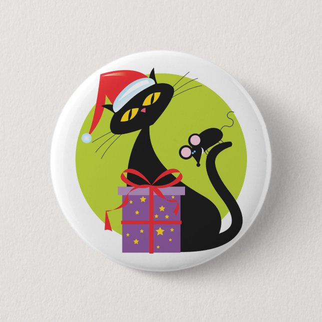 1950s Christmas Black Cat Black Mouse 6 Cm Round Badge (Front)