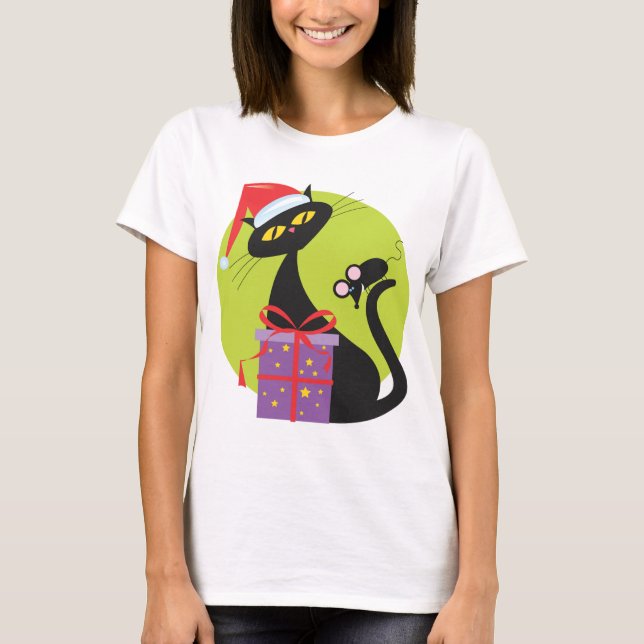 1950s Christmas Black Cat Black Mouse T-Shirt (Front)