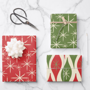 1950s Christmas Patterns in Retro Red Green Cream Wrapping Paper Sheet