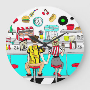 1950's Couple Holding Hands at Diner Large Clock