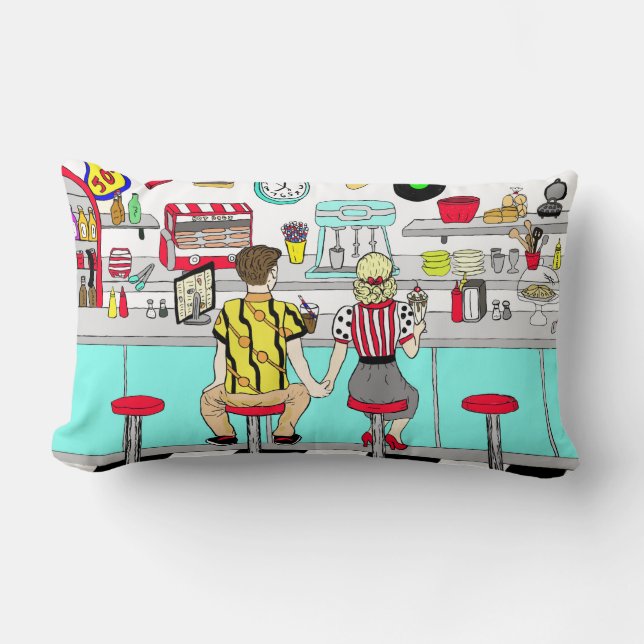 1950's Couple Holding Hands at  Diner   Lumbar Cushion (Front)