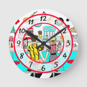 1950's Couple Holding Hands at Diner Round Clock