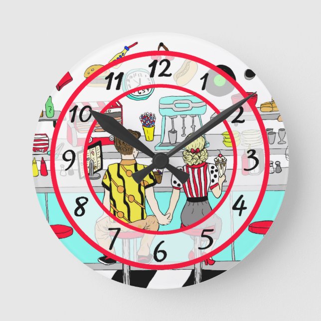 1950's Couple Holding Hands at  Diner  Round Clock (Front)