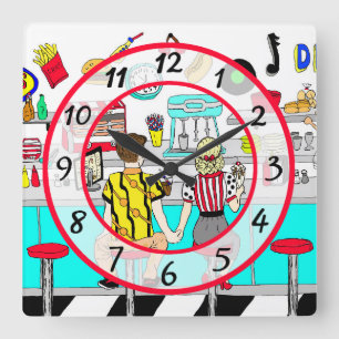 1950's Couple Holding Hands at  Diner  Square Wall Clock