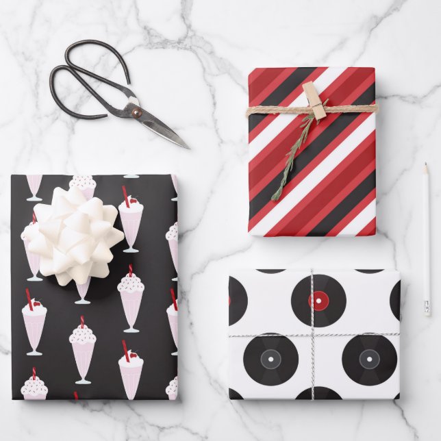 1950s Diner Black Red Trio Wrapping Paper Sheet (Front)