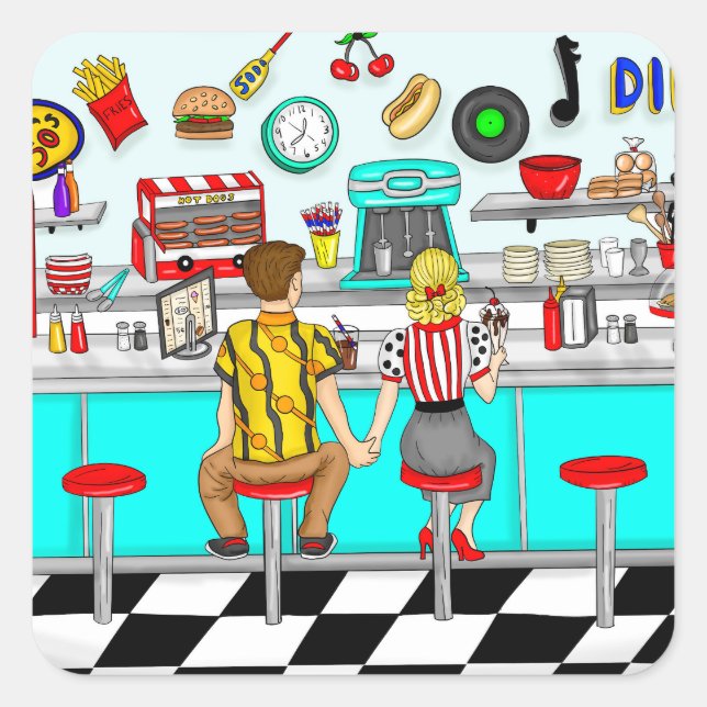 1950's Diner | Couple Holding Hands   Square Sticker (Front)