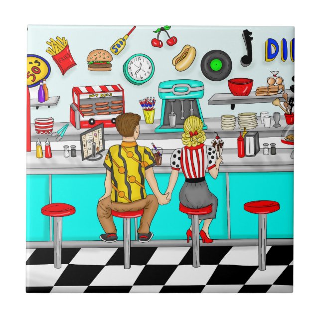 1950's Diner | Couple Holding Hands  Tile (Front)