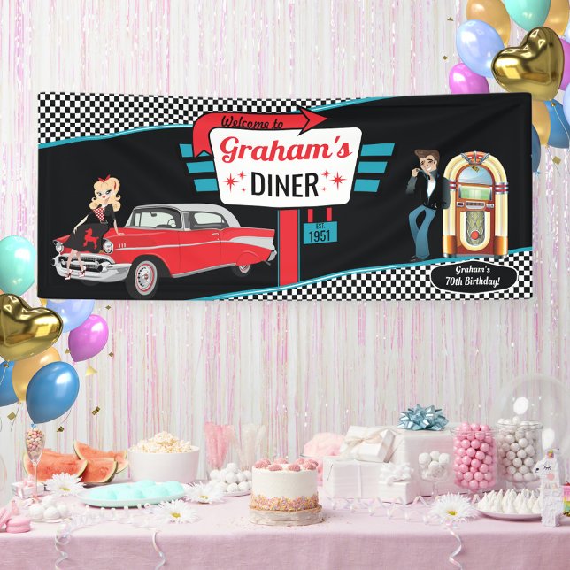1950's Diner Retro Car Birthday Party Sock Hop Ban Banner (Diner Birthday Banner)