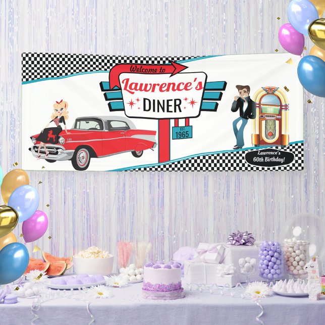 1950's Diner Retro Car Birthday Party Sock Hop Ban Banner (Diner Birthday Banner)