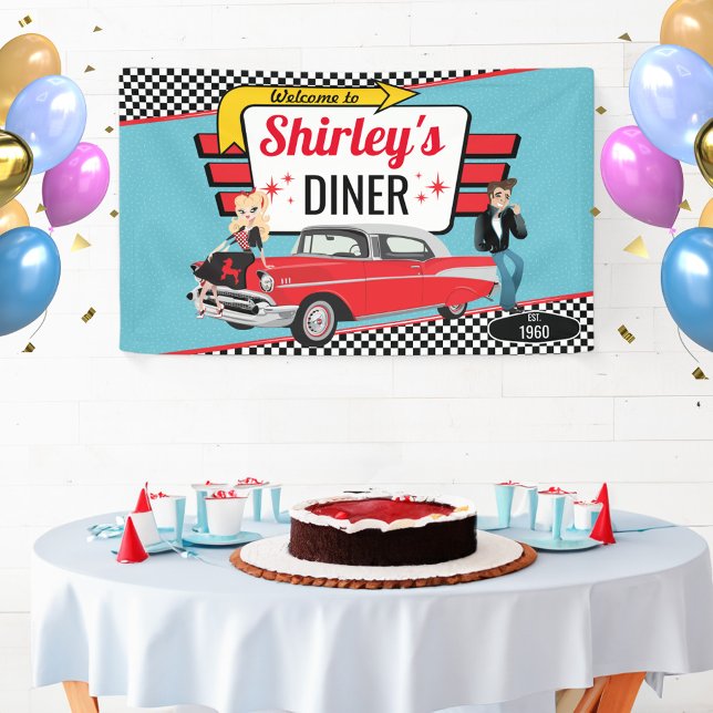 1950's Diner Retro Car Birthday Party Sock Hop Ban Banner (Retro Diner Banner)