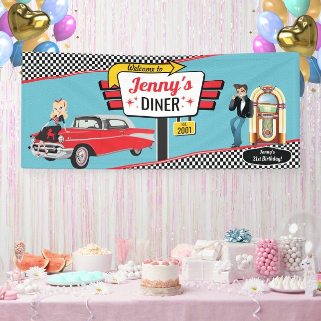 1950's Diner Retro Car Birthday Party Sock Hop Ban Banner (diner birthday banner)