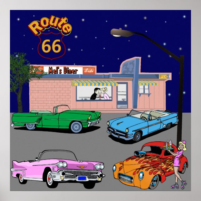 1950s Diner Route 66 and Vintage Cars Poster (Front)