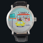 1950's Diner Watch<br><div class="desc">Serve up something special with this 1950's Diner Watch. The cartoon drawing design features a red brick building with blue windows, grey double doors, and a white sign that says, "Diner" perched on the roof. In the parking lot, a second sign is on a pole. The sign has a turquoise...</div>