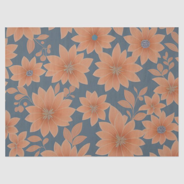 1950s Dusty Blue Orange Retro Mid Century Floral Tissue Paper (Front)