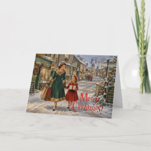1950s English Village Mother Christmas Shopping Holiday Card