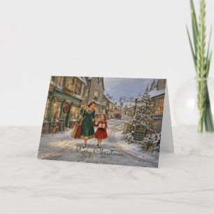 1950s English Village Mother Christmas Shopping Holiday Card
