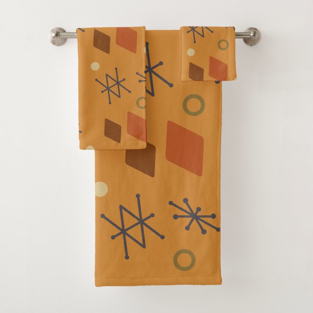 1950s Geometric Abstract Art Burnt Orange Bath Towel Set (Insitu)