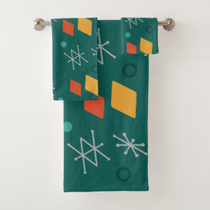 1950s Geometric Abstract Art Teal Bath Towel Set