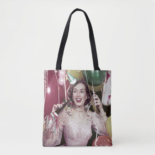 1950s Happy Woman In Party Dress at New Years Eve Tote Bag (Front)