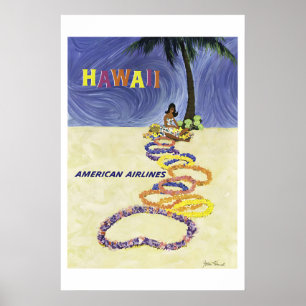 1950s Hawaiian Girl Vintage Style Airline Travel Poster