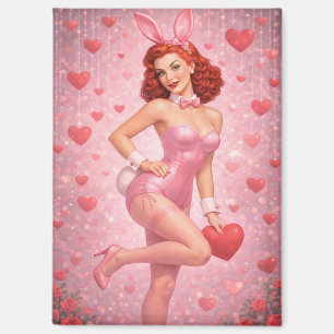 1950s Inspired Pink Bunny Art   Playful Valentine  Magnet
