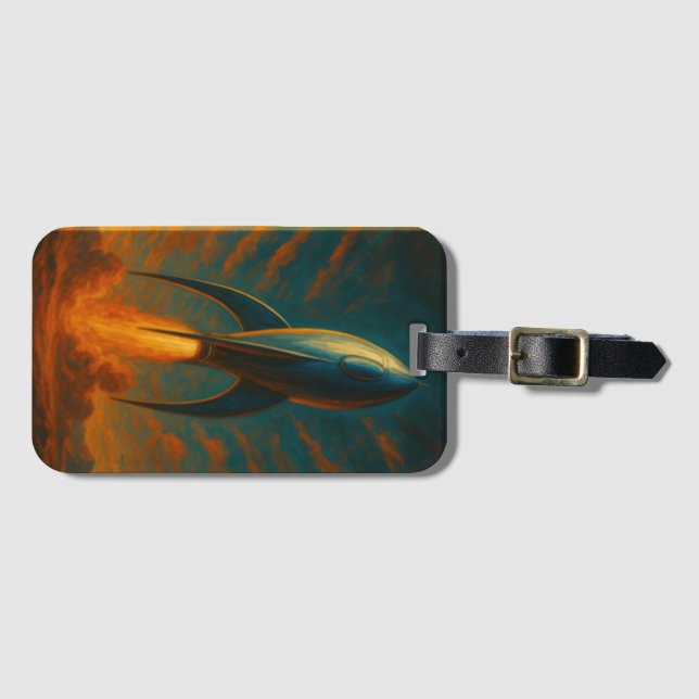 1950s inspired rocket ship  luggage tag (Front Horizontal)