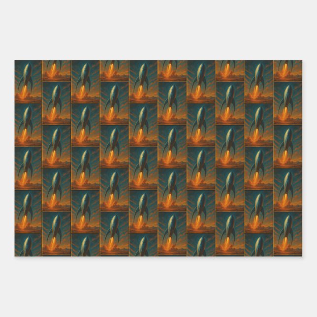 1950s inspired rocket ship  wrapping paper sheet (Front)