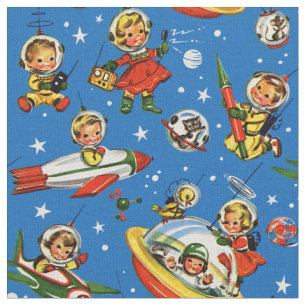 1950s Kids in Space -UFOs and Rockets Fabric