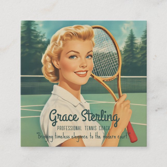 1950s Magazine Illustration Tennis Woman Square Business Card (Front)