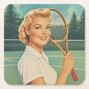 1950s Magazine Illustration Tennis Woman Square Paper Coaster