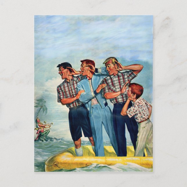 1950s menfolk hearkening to the siren's song postcard (Front)