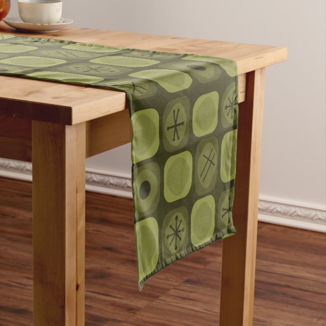 1950s Mod Art Soft Cubes Olive Green Short Table Runner (In Situ)