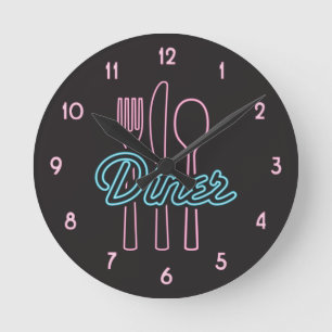 1950s Neon Diner Pink, Blue silverware Round Clock