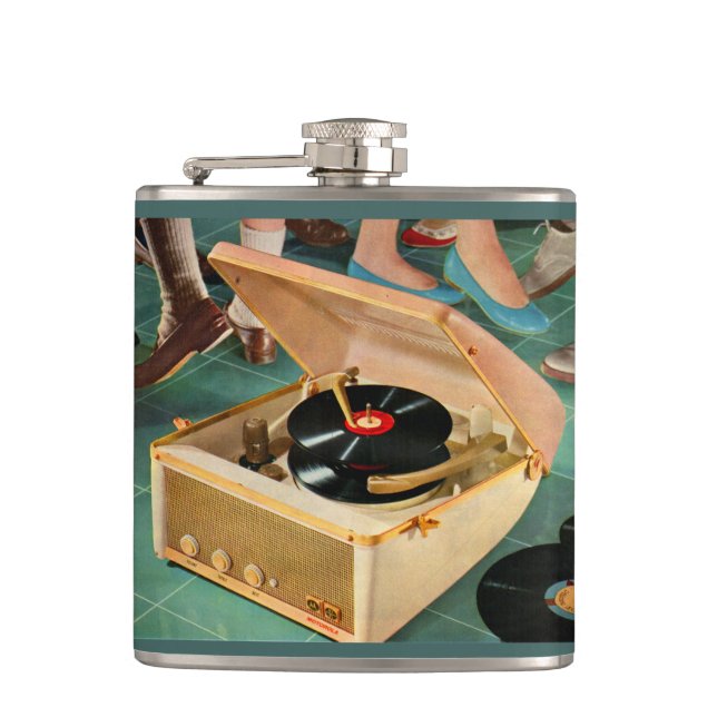 1950s portable record player ad hip flask (Front)
