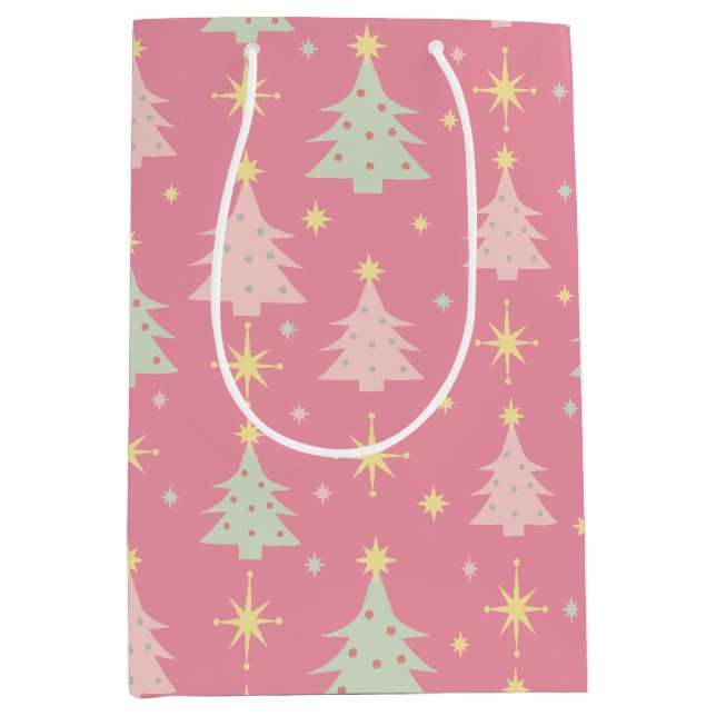 1950s Retro Christmas Pattern in Pink and Green Medium Gift Bag (Front)