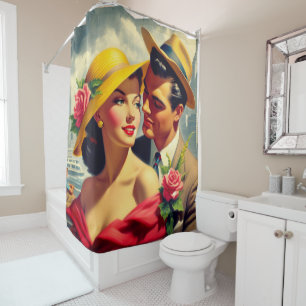 1950s Retro Couple Painting Shower Curtain