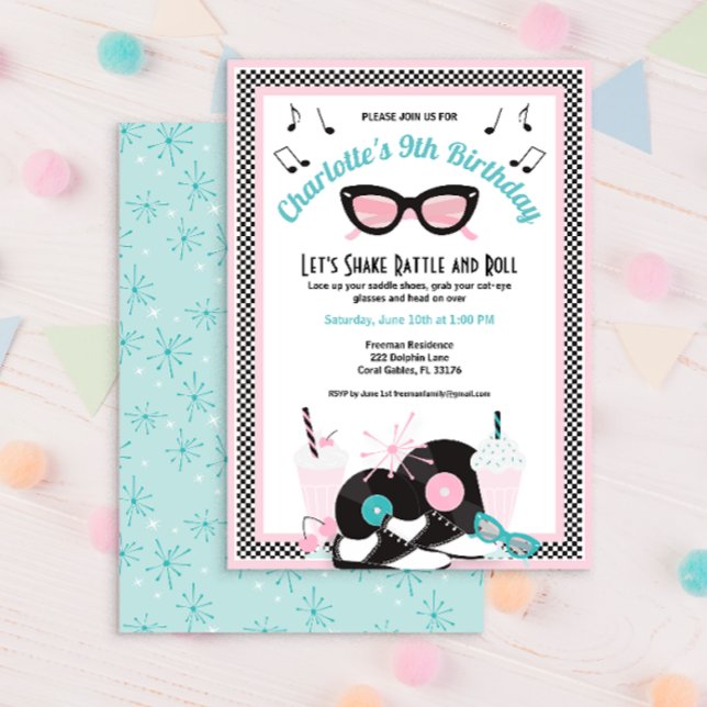 1950s Retro Diner Birthday Invitation | Pink & Tea (50's Diner Birthday Party Invite)