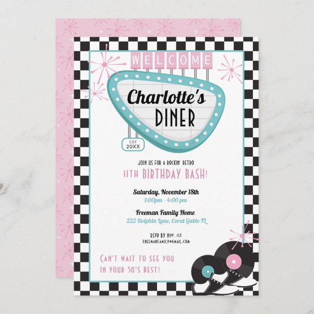 1950s Retro Diner Birthday Invitation – Sock Hop R (Front/Back)