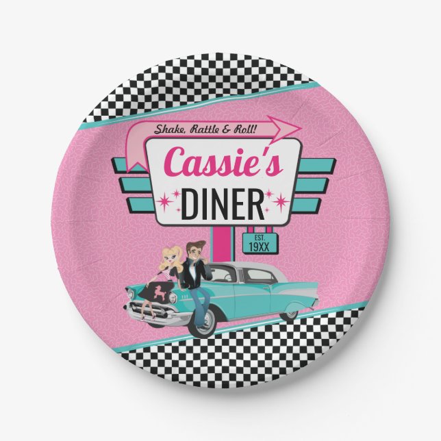 1950's Retro Diner Pink & Teal Birthday Party Paper Plate (Front)