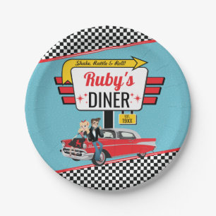 1950's Retro Diner Teal, Red Birthday Party Paper Plate