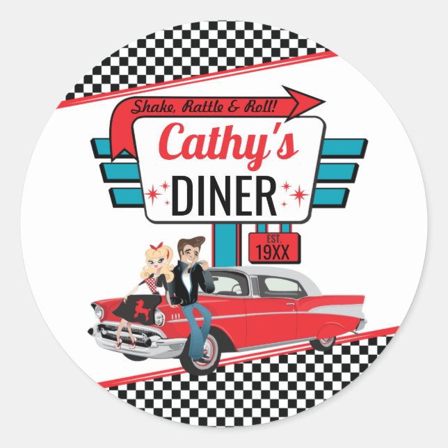 1950's Retro Diner White & Red Sock Hop Classic Round Sticker (Front)