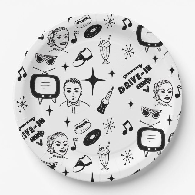 1950's Retro Graphics Nostalgic Birthday Paper Plate (Front)