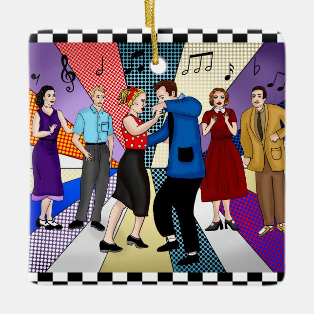 1950's Retro Nostalgic Couple Dancing Christmas Ceramic Ornament (Front)