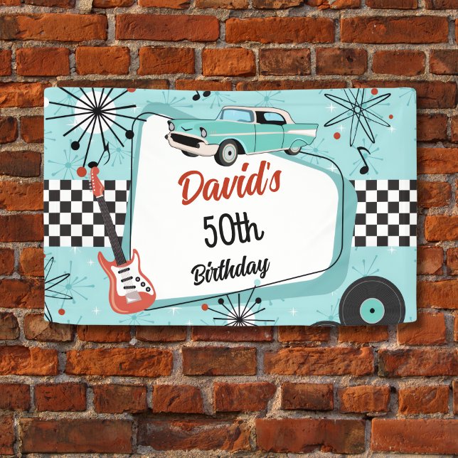 1950's Retro Red & Blue Birthday Party  Banner (1950s Retro Birthday Banner)