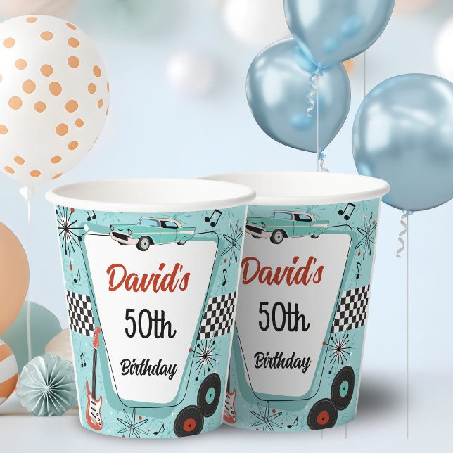 1950's Retro Red & Blue Birthday Party  Paper Cups (1950s Retro paper cups)